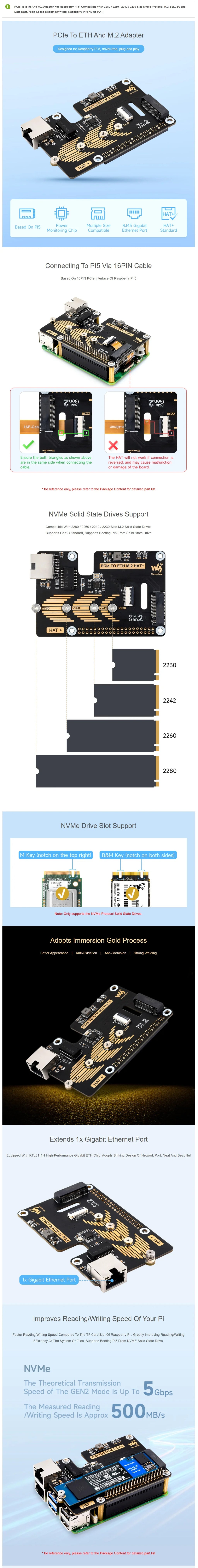 Raspberry Pi 5 PCIe To.2 NVME SSD And Gigabit Ethernet RJ45 HAT RTL8111H M_KEY 2230/2242/2260/2280