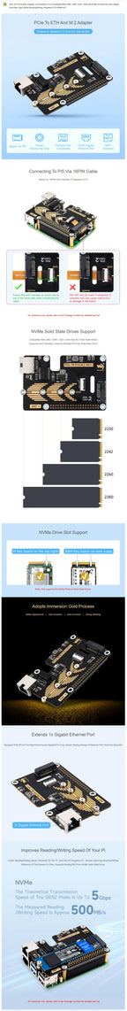 Raspberry Pi 5 PCIe To.2 NVME SSD And Gigabit Ethernet RJ45 HAT RTL8111H M_KEY 2230/2242/2260/2280