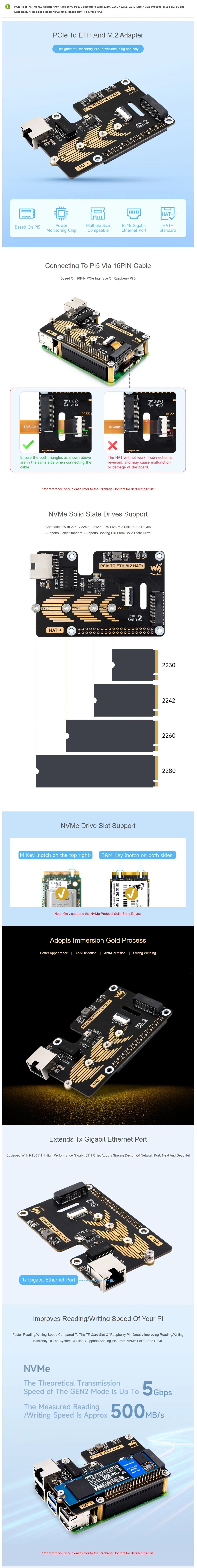 Raspberry Pi 5 PCIe To.2 NVME SSD And Gigabit Ethernet RJ45 HAT RTL8111H M_KEY 2230/2242/2260/2280