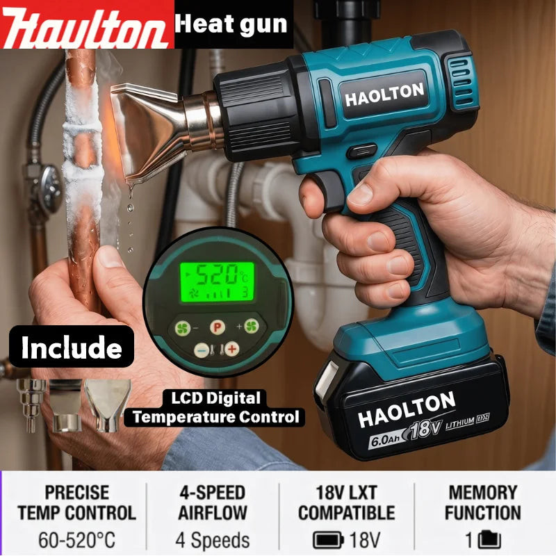 HAOLTON Gun Industrial Handheld Electric Heat Gun Temperatures Heat Gun Cordless Hot Air Adjustable 18V Battery
