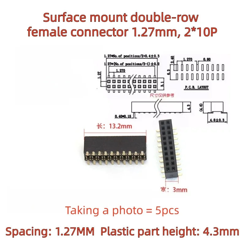 5PCS SMD SMT 2*2/3/4/5/6/7/8/10/12/20/40/50 PIN Double Row Pin Female Header 1.27MM Pitch Connector Socket 2X/6/8/10/20