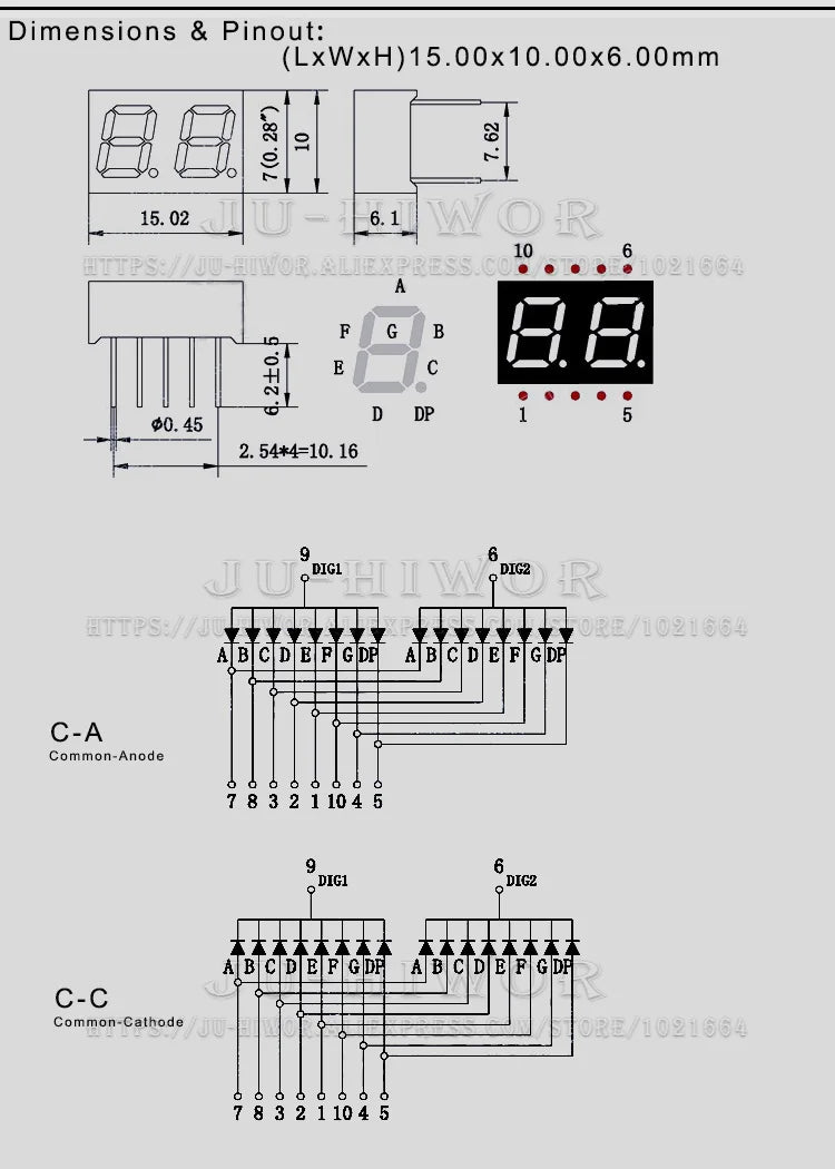10pcs 0.28 Inch 10Pins 2281AY 2281BY 2 Digits Bits 7 Segment Yellow LED Digital Display Digitron Common Anode Cathode C-C C-A