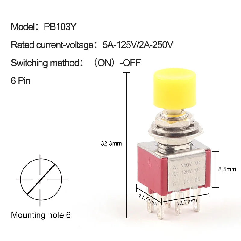 5PCS 3Pin C-NO-NC Reset Latching Toggle Switch Automatic return Push Button (ON)-OFF 5A125V/2A250V 6mm Mini Toggle Switches
