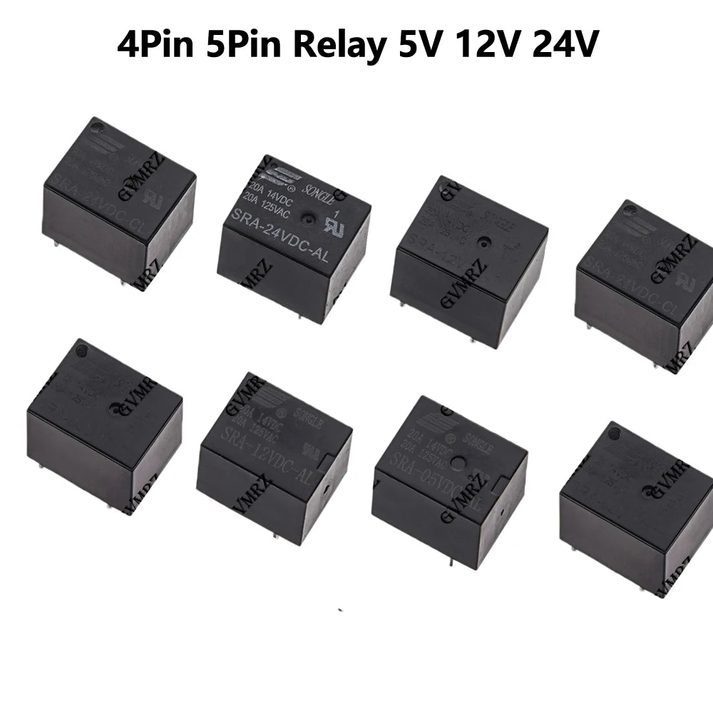 5PCS 4Pin 5Pin Relay  PCB Type Black Automobile Relay SRA-05VDC-AL SRA-12VDC-CL SRA-24VDC-CL 5V 12V 24V 20A DC Power