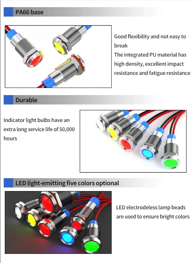 6mm LED waterproof metal indicator light signal light with wire 6V -12V -24V 24V 220V red/yellow/blue/green/white metal button