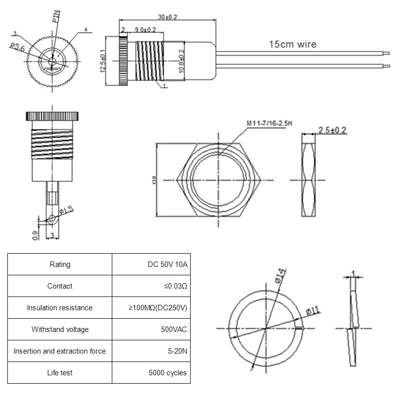 5Pcs Waterproof IP68 DC Power Socket 5521 5525 5A DC Female Jack Panel Mount Solder Connector with Cable Wire 15cm
