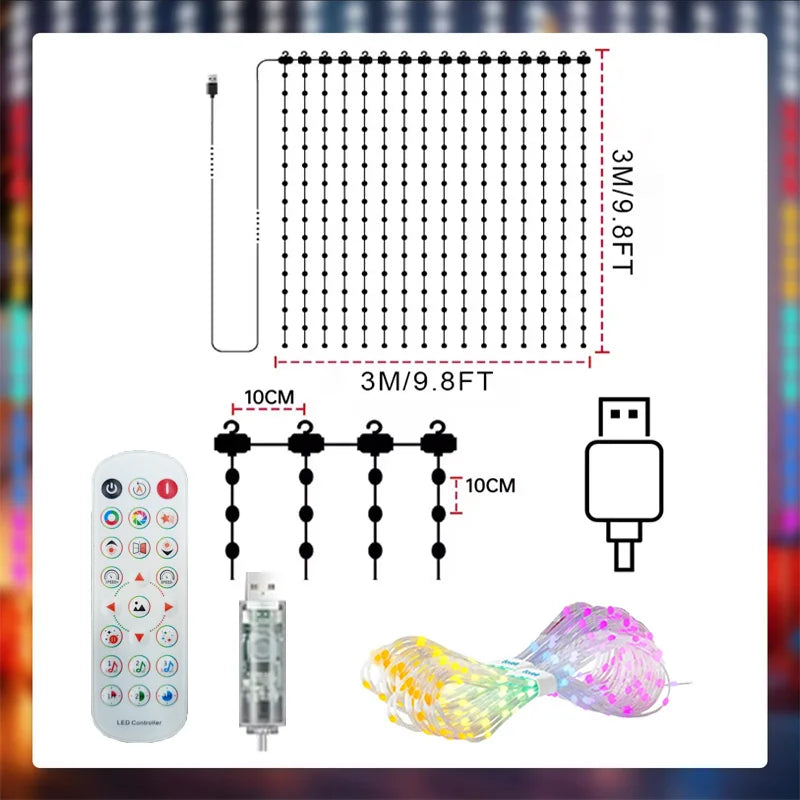 LED Christmas Curtain Light Holiday Fairy Lamp App Control Music Sync DIY Pattern Waterproof for Indoor Outdoor Party Home Decor