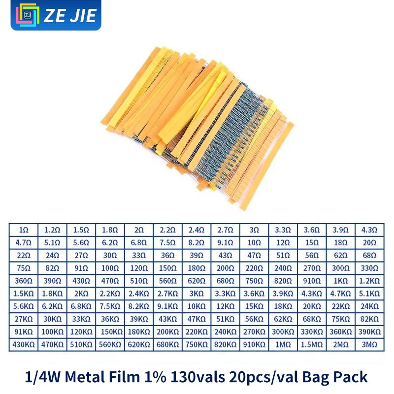 1/4W Metal Film Resistor Assortment Kit, 1/2W 1W 2W 3W 5W Through Hole Electronic Components Pack, 30/41/130 Kinds 1% Tolerance
