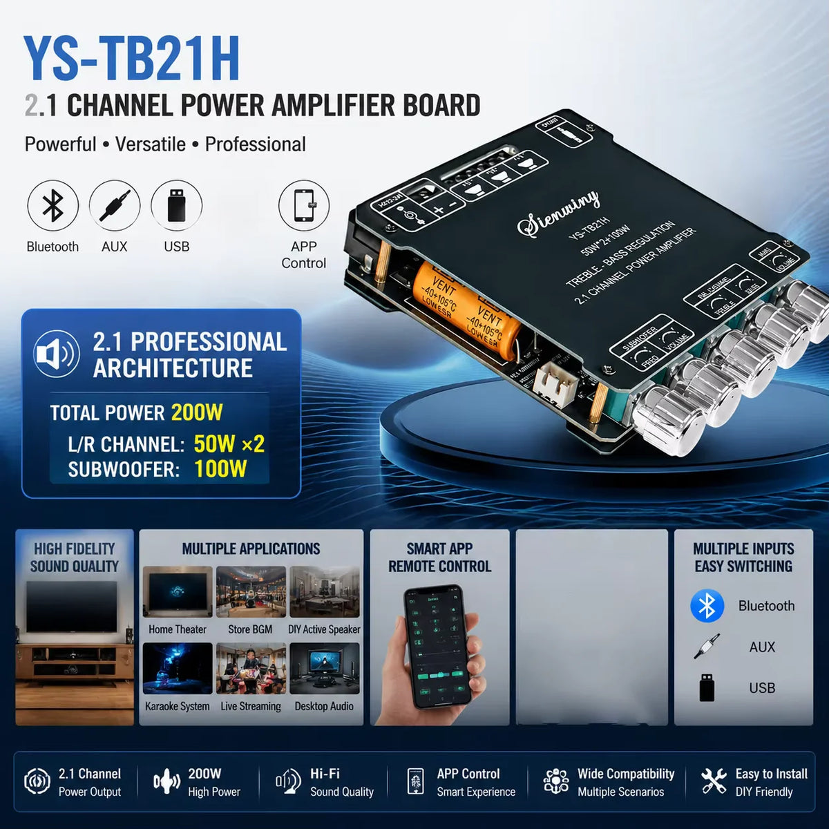 2.1CH Bluetooth Amplifier Board 200W Class D 50W*2+100W Subwoofer Bass Treble USB APP MIC KTV DC12-24V HiFi DIY Speaker