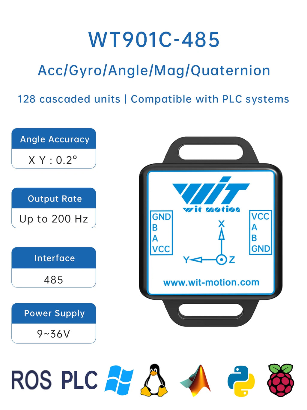 WitMotion WT901C 9-Axis Vibration Inclinometer MPU9250 High-Stability Acceleration+Gyro+Angle(XY 0.05° Accuracy)+Digital Compass
