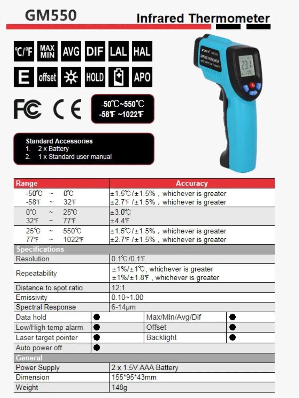Digital Infrared Thermometer Non-Contact Temperature Gun LCD Backlight Temperature Meter For Industrial Kitchen Outdoor