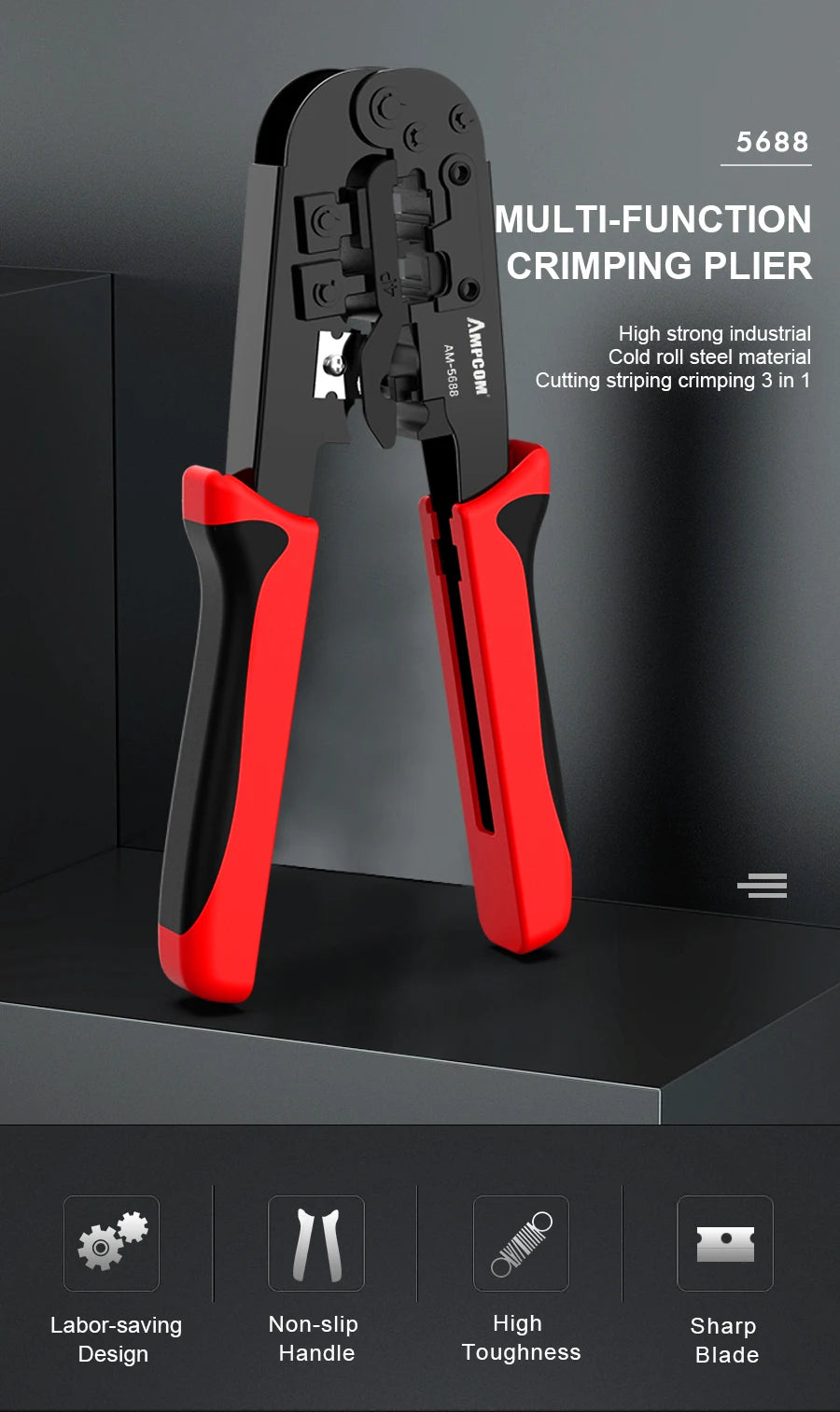 AMPCOM Crimping Tool RJ45 and RJ12, RJ11 Crimper Cutter Stripper Network Cable CrimpTool for 4P 6P 8P RJ-11/RJ-12 RJ-45