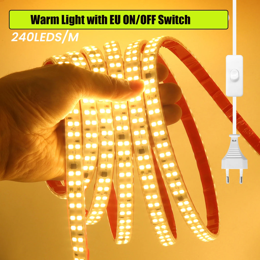 AC 220V LED Strip Waterproof 240Leds/M 3000K 4000K 6000K Home Decor Self Adhesive Tape Chain Light Flexible Ribbon Strip
