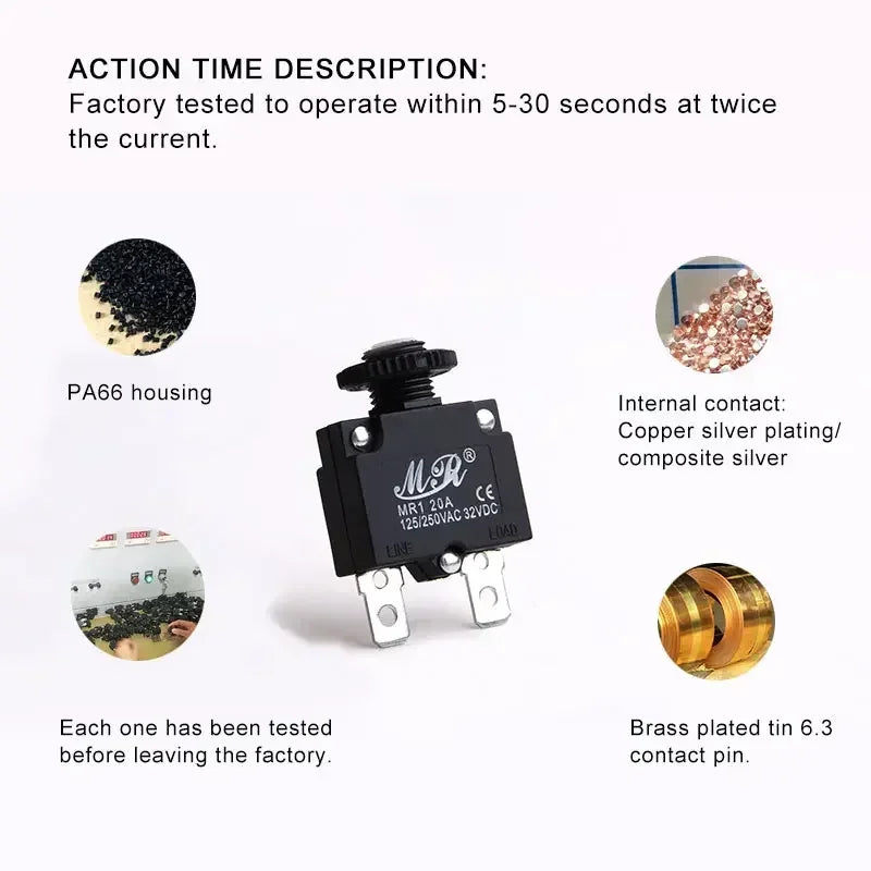 5Pcs Circuit Breaker Overload Protector Switch Fuse 10A 12A 15A 18A 20A 25A 30A 3A 4A 5A 8A Resettable 220V with Waterproof Cap