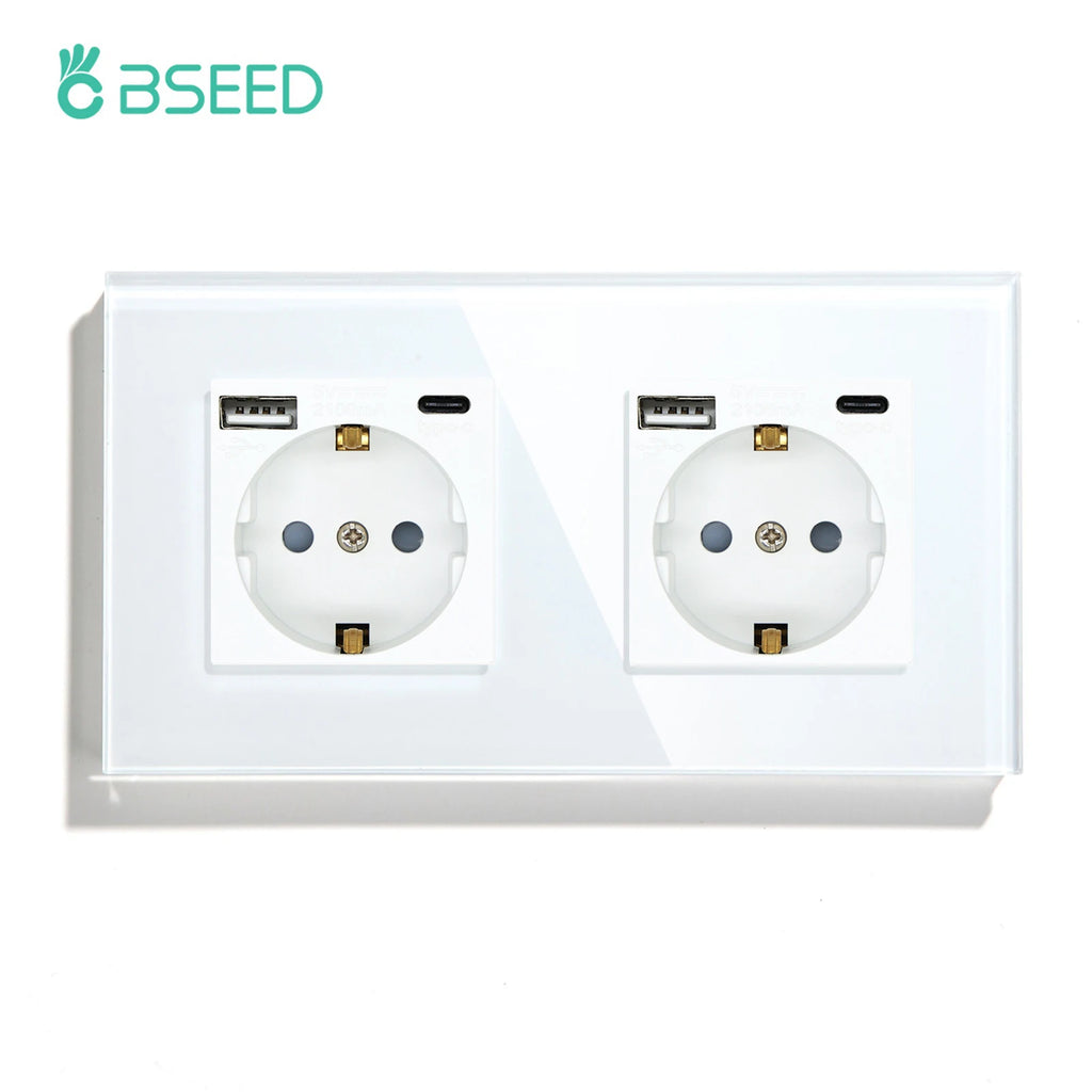 BSEED 1/2/3Gang Touch Light Switch 1Way Simple Sensor Switch Type-c USB Sockets EU Standard Glass Panel Blue Backlight 10A White