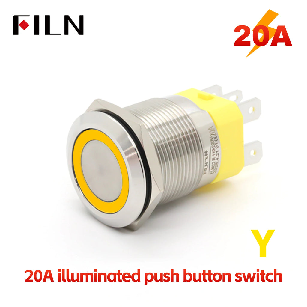 FILN 22mm 20A Stainless Steel Push Button Switch Waterproof IP66 High Current 12V/24V/110V/220V Auto Marine Industrial Control