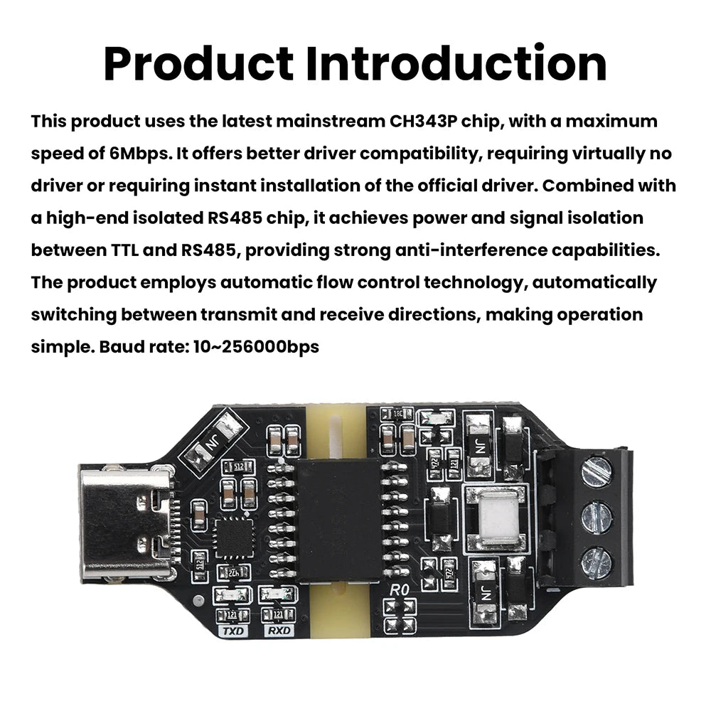 CH343P module 6Mbps USB to RS485 Isolated Converter Industrial Grade Type-C Interface 16KV Isolation Dustproof USB to TTL serial