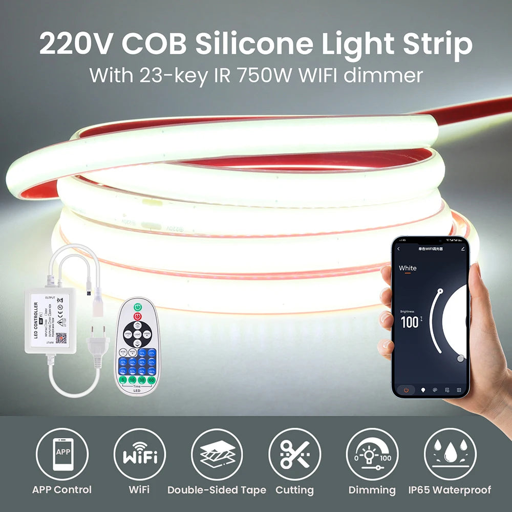 Dimmable COB LED Neon Light Strip Remote Power Kit Wifi Bluetooth Wall Touch 220V 23key Controller 288LEDs/m IP65 Flexible Lamp