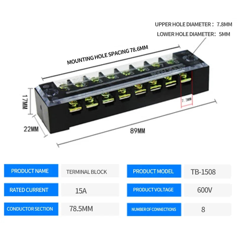15A/25A/45A 600V Dual Row Barrier Screw Terminal Block Wire Connector TB Series 3/4/5/6/8/10/12 PIN Optional TB-1503 TB-2503