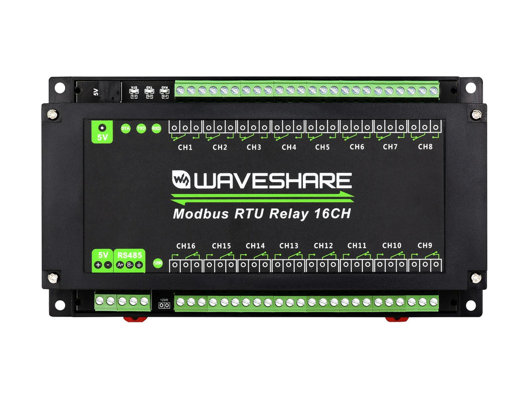 Waveshare Modbus RTU 16-Ch Relay Module, RS485 Interface, With Multiple Isolation Protection Circuits, Rail-Mount Case