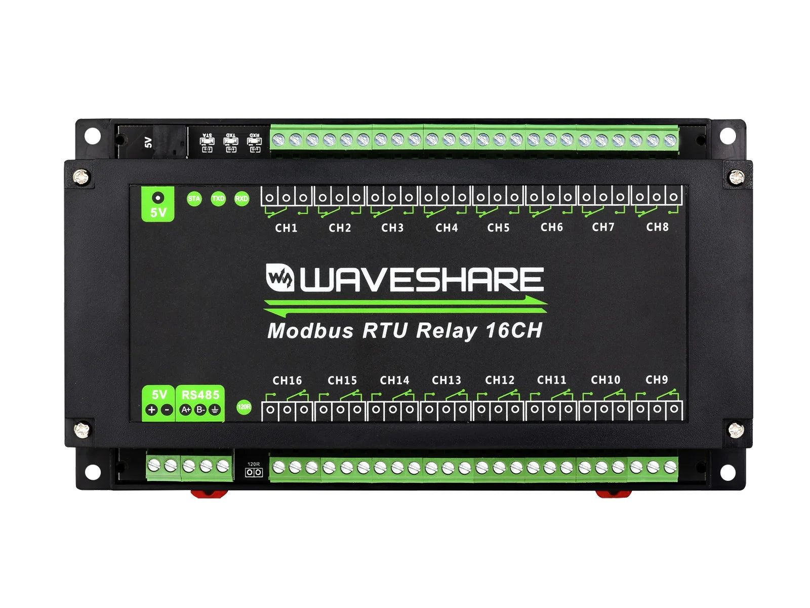 Waveshare Modbus RTU 16-Ch Relay Module, RS485 Interface, With Multiple Isolation Protection Circuits, Rail-Mount Case