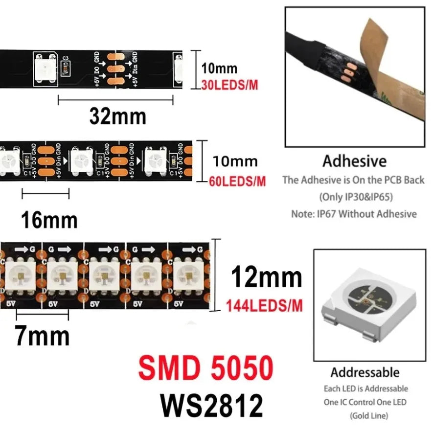 WS2812B RGB IC Smart LED Strip 5050 Individually Addressable IC 30/60/144Pixels/Leds/m Light DC 5V Black IP30 IP67 Waterproof