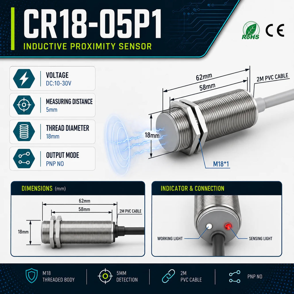 GTRIC M18 Capacitive Proximity Sensor DC 10-30V 3-Wire NPN PNP NO NC Flush Non-Flush Non-Metal Detection Switch with 2m Cable