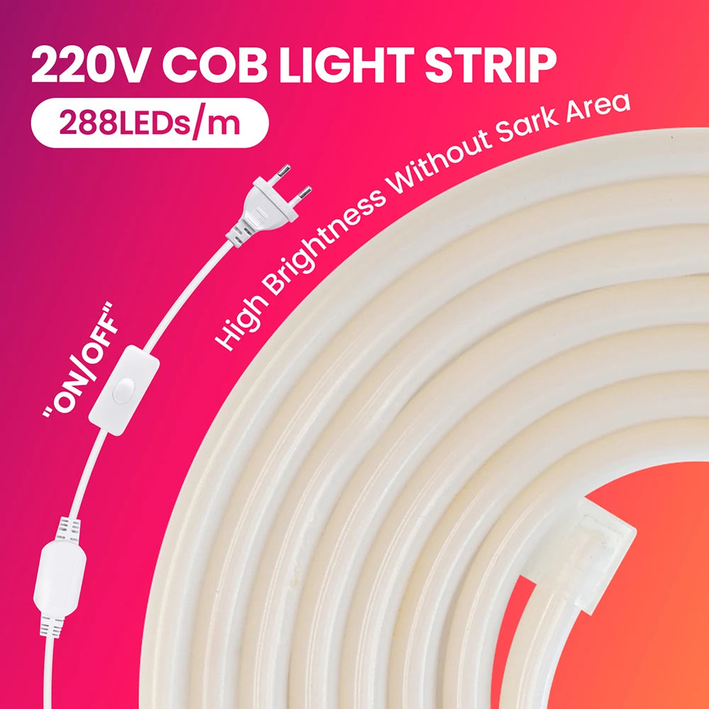 220V Led COB Neon Strip Light Dimmer Switch Power Plug Kit White Blue Pink Red Purple Yellow 5m 20m 30m 0.5m 288LED/m Flex Decor