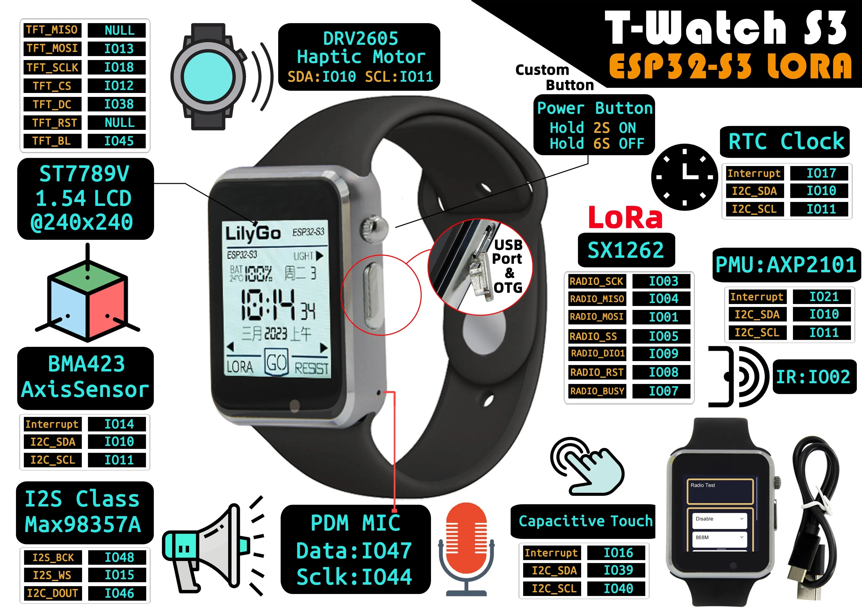 T-Watch-S3 Programmable Touchable Watch Integrated ESP32-S3 WIFI Bluetooth LoRa BMA423 Sensor MAX98357A Mic Speaker Random color