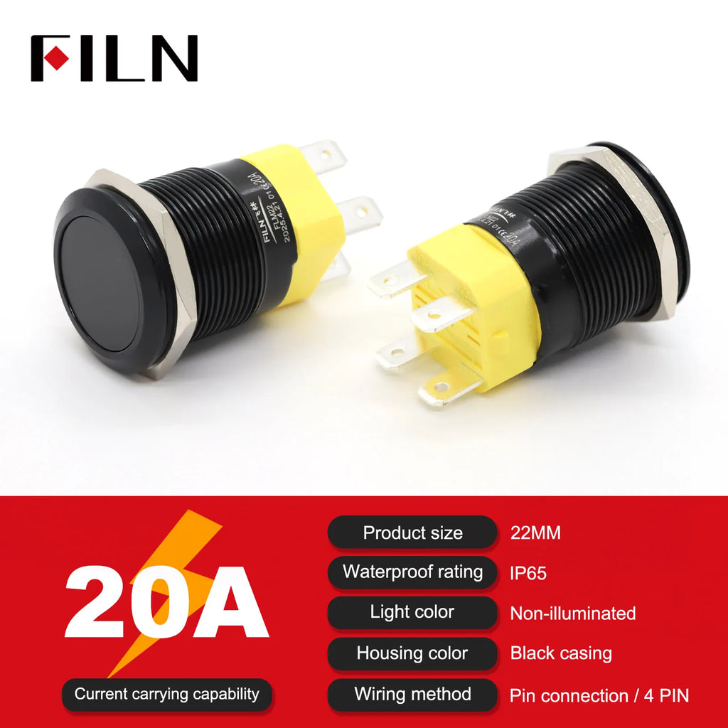 High Current 19mm 22mm 20A 12V 24V 110V 220V IP68 Waterproof Flat Ring Round Push Button Switch Metal Stainless Steel 20cm Wire