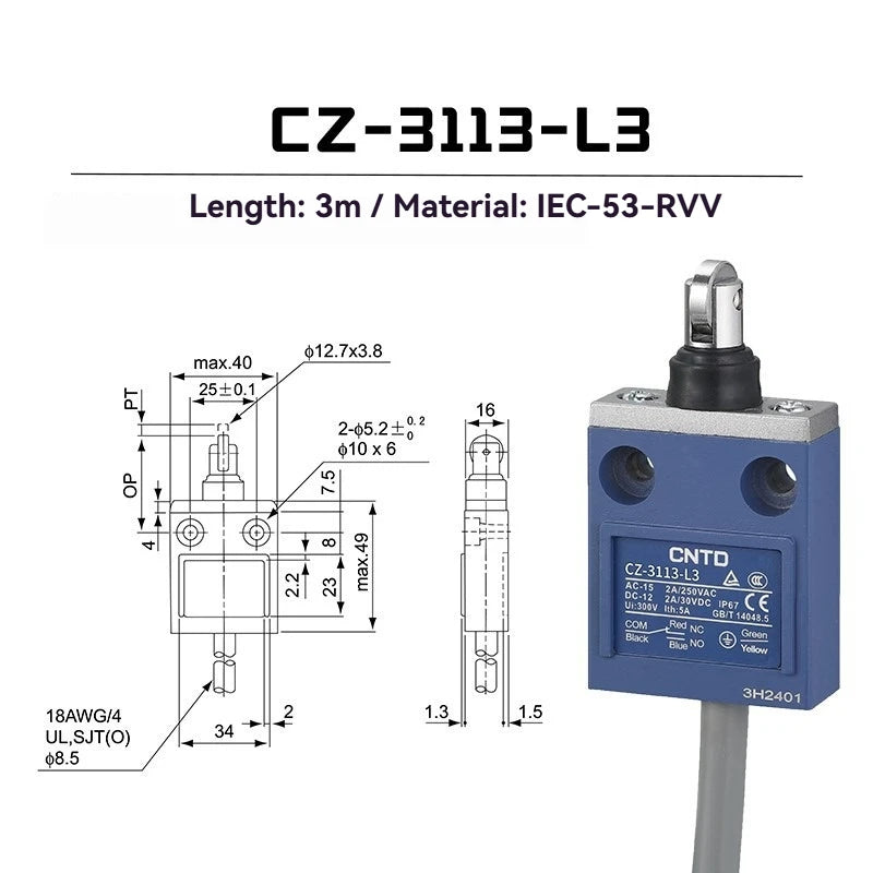 CNTD Micro Travel Limit Switch CZ‑3 Series CZ‑3101 CZ‑3104 CZ‑3108 CZ‑3112 IP67 Waterproof 5A 250V Position Control Switch