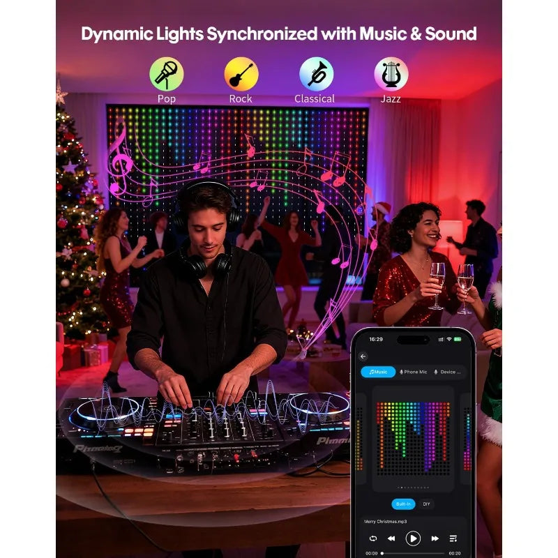 Smart Curtain Lights 256/400 LEDs Color Changing Dynamic DIY RGB IC String Lights with Remote & App Control for Bedroom Living Room Holiday Indoor Backdrop Decor
