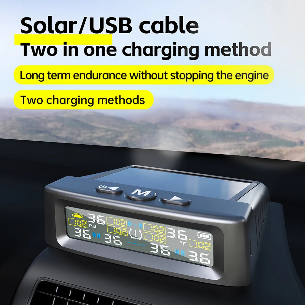 Solar TPMS Car Tire Pressure Alarm Digital Colorful Display 4 Or 6 External Sensors Waterproof Tire Pressure Temperature Warning