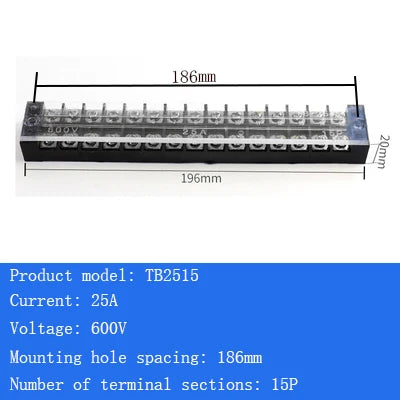 TB15A 25A 45A Copper Wiring Terminal Block 3/4/5/6/8/10/12 Position Electrical Connector Board Current Terminal Strip