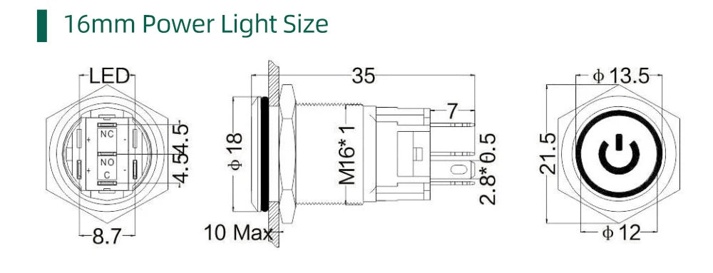 12/16mm Flat LED Illuminated Reset Latching Ring LED Metal Push Button Switch Waterproof On Off with Power Symbol