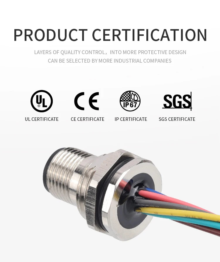 M12 Panel Male Female  Metal Front Mount Socket Solder 4 6 8 12 Pin Receptacle Straight Circular Connectors With 30cm Wires