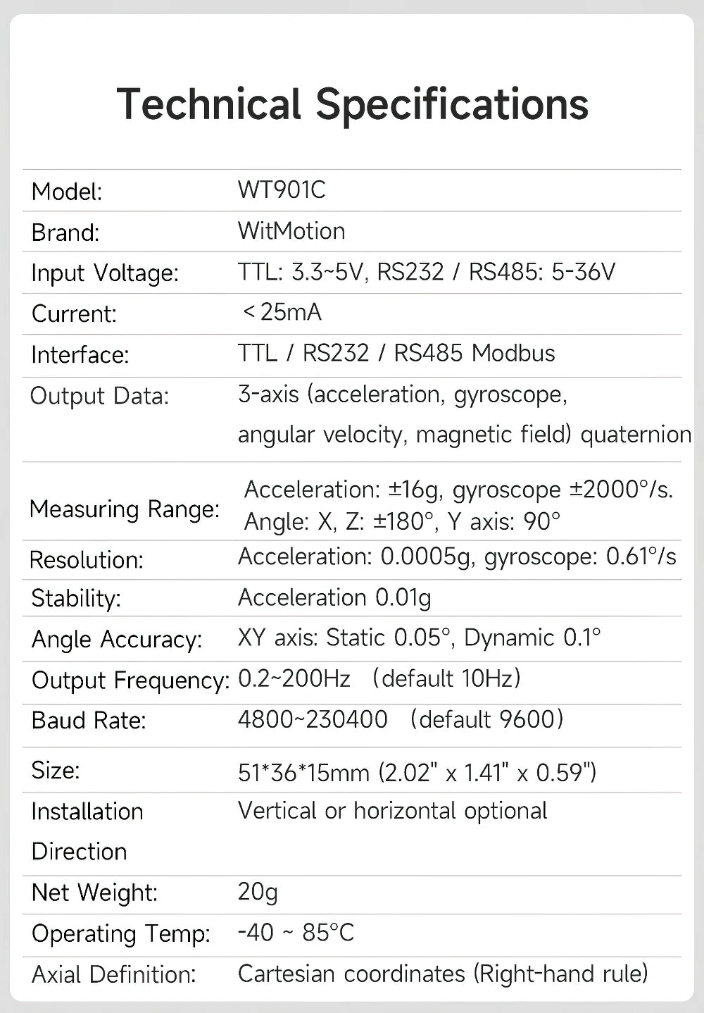 WitMotion WT901C 9-Axis Vibration Inclinometer MPU9250 High-Stability Acceleration+Gyro+Angle(XY 0.05° Accuracy)+Digital Compass