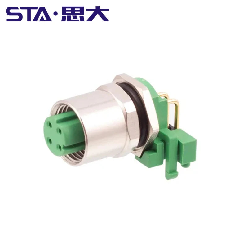 M12 Angled PCB Type 8 Pin A Code Curved Needle Panel Mount Socket Grounded Shield THR 2 3 4 5 6 12 Poles IP67 Connectors
