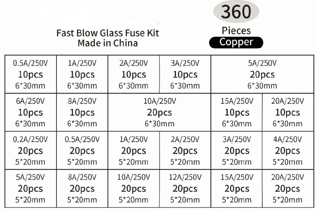 360pcs 5*20,6*30mm Glass Tube Fuse Combination Fast Melting Glass Tube Fuse Combination Kit Fast Melting Glass Fuse