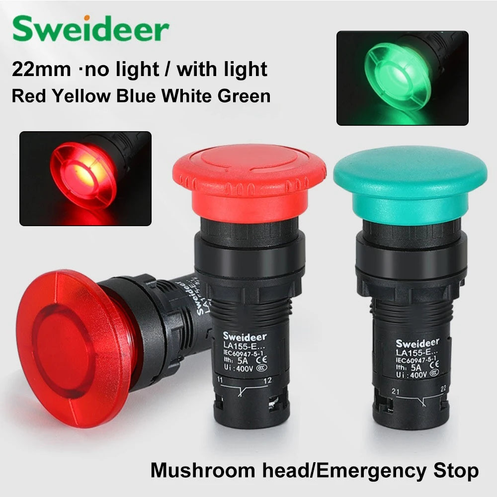 22mm Mushroom Button Switch Momentary Self Reset Emergency Stop Push Button Switch Power Start Switch with Light Red Green 5A