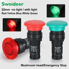 22mm Mushroom Button Switch Momentary Self Reset Emergency Stop Push Button Switch Power Start Switch with Light Red Green 5A