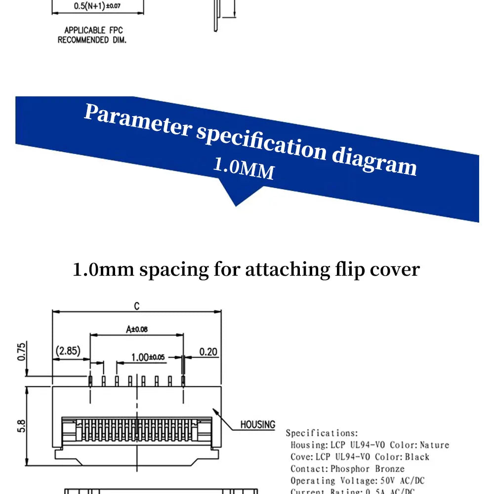 10pcs 4P 5P 6P 8P 10P 12P 14P 16P 20P 22P 24P 30P 34P 0.5mm/1mm Pitch Under Clamshell Socket FPC FFC Flat Cable Connector