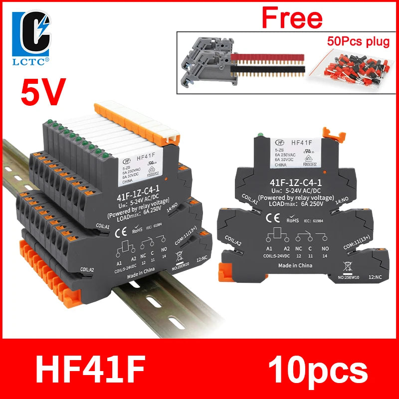 10pcs Slim Relay 5V 12V 24V DIN Rail Mounted Relay Moudle HF 41F SSR 30VDC 250VAC High Frequency Interface Relay With Led 6A