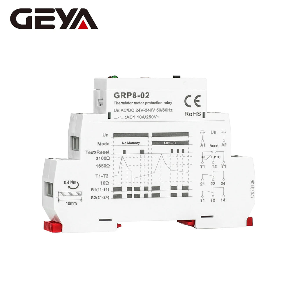 GEYA GRP8 PTC Thermistor Motor Protection Relay AC/DC 24-240V Wide Range Overload Overheat Phase Failure Starter Protection