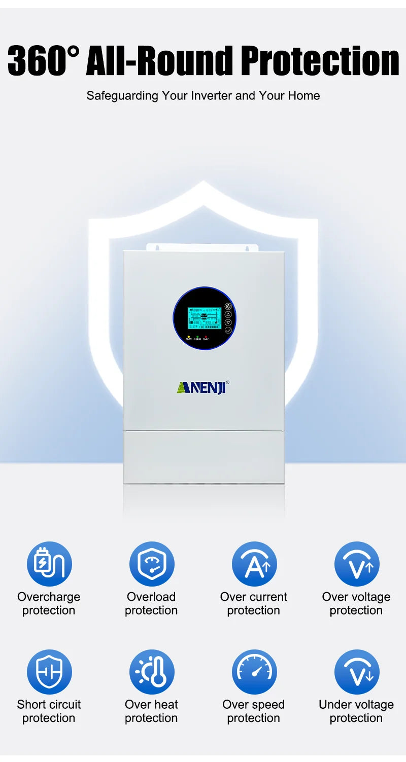 ANENJI Split Phase 12KW 48V Hybrid Solar Inverter Parallel Inverter Pure Sine 120V 220V On Grid MPPT 200A Solar Charger PV 500V