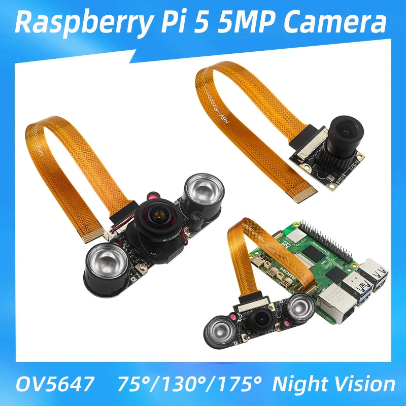Raspberry Pi 5 Camera 5MP 1080P Optional Night Vision Wide Angle IR-CUT FF AF Cameras for RPI 5 Pi5 Zero