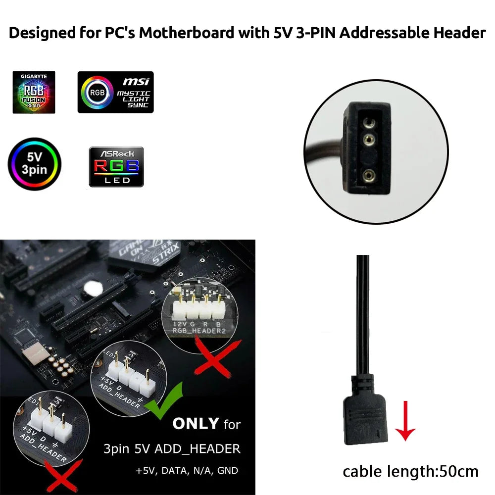 WS2812b ARGB LED Strip Light Addressable Rainbow Light Digital 5V 3pin Header PC Case Asus Aura Sync RGBIC Fusion MSI Mystic