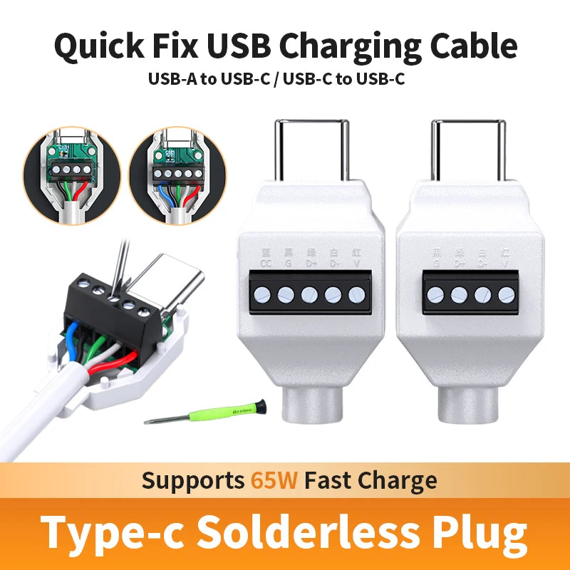 USB Solderless Plug 4Pin 5Pin Connector 66W Super Fast Charging Cable Type C Solderless Small Plug USB C Data Cable Connector