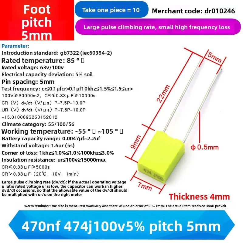 10PCS 100V Correction Capacitor Polypropylene Safety Plastic Film 100V 1nF ~ 470nF 100nf 220nf 10nf 47nf 22nf 1nf 0.47uf 0.1uf