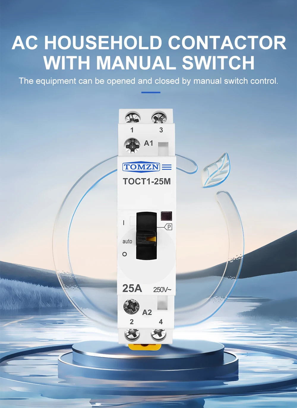 TOMZN TOCT1 2P 25A 220V/230V 50/60Hz Din Rail Household AC Modular Contactor With Manual Control Switch 2NO or 1NO 1NC or 2NC
